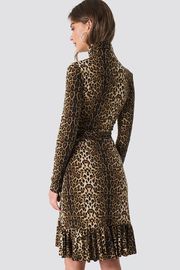 Autumn Fashion Women Long Sleeve And High Neck Leo Polo Dress Brown