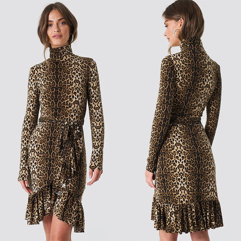 Autumn Fashion Women Long Sleeve And High Neck Leo Polo Dress Brown
