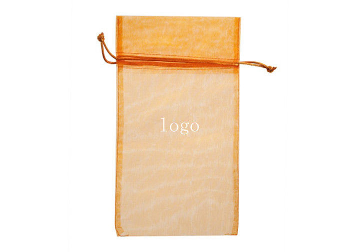 Orange Organza Drawstring Pouch With Logo Ribbon , Stamp Printing